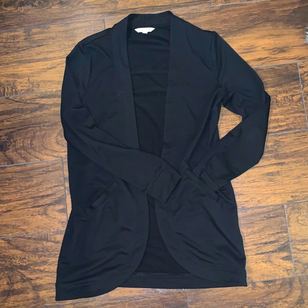 Black cardigan, business casual.